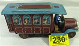 Vintage Modern Toys Tin Litho Sightseeing Bus
A vintage tin litho sightseeing bus made by Modern Toys in Japan. The bump and go bus is battery operated. Working condition is unknown. Shows signs of wear from age and use. Measures 6" tall x 12.5" long.