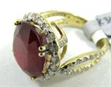 Jewelry 14KT Yellow Gold Ruby & Diamond Ring
Stunning 14KT yellow gold Ruby & diamond ring. Included GLA Premium Appraisal reads:
"One lady's polished, stamped and electronically tested solid 14KT yellow & white gold ring mounted with: 1 Genuine Ruby and 72 genuine round full diamonds. This item weighs 10.24 grams and fits a finger size 7.50. The setting measures 19.58 x 17.56mm and the band measures 7.62mm tapering down to 3.92mm at the center of the shank. The condition is brand new. The gemstones have been analyzed in the mounting.
Main Gemstone:
Identity: Genuine Ruby
Shape: Oval (faceted)
Measurements: 15.54 x 13.43 x 8.38mm
Quantity: 1
Carat weight: 15.54 cts (est.)
Clarity Type: II=may include eye-visible features
Hue: Cherry Red
Transparency: transparent
Tone: Medium
Saturation: Moderate
Polish: 6-Very Good
Finish: 7-Very Good
Quality: 5-Good
Adjacent Gemstone:
Identity: Genuine Diamond
Cut: Round Full (faceted)
Measurements: 2.00-1.00 mm (est.) (no depth)
Quantity: 72
Carat We