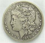 Coin 1879-CC Morgan Silver Dollar VF
1879-CC Morgan Silver Dollar. 26.73g of 90% Silver. 756,000 minted. Graded by the consignor as Very Fine. No Sales Tax on Coins, Currency, or Bullion.