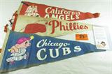 Mixed Lot Baseball Pennants & Mantle Donor Card
Attention baseball memorabilia collectors, you'll want to add these felt pennants and Mickey Mantle organ donor card to your collection. Each one of the vintage flags shows signs of wear from age and use. Each flag measures approximately 28" long. This lot includes:
- Chicago Cub's.
- California Angels.
- Philadelphia Phillies.
- An uncompleted Mickey Mantle organ and tissue donor card from the Mickey Mantle Foundation. The Foundation was established to raise awareness of the importance of becoming an organ donor