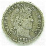 Coin 1901-S Barber Dime F/VF
1901-S Barber Head Dime. 2.5g of 90% Silver. 593,022 minted. Rare Date. Partial Liberty. Graded by the consignor as Fine to Very Fine with multiple edge dings. No Sales Tax on Coins, Currency, or Bullion. #27-94.