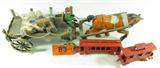 Mixed Lot Cast Iron Horse Drawn Beer Buggy +Trains
This lot contains a large cast iron single horse drawn beer wagon / buggy, featuring an orange horse, possibly Clydesdale, and a single driver who is removable. Carrying 10 wooden miniature beer kegs / barrels. This item is possibly a reproduction, showing signs of rust and ware. Measures 22.5" long x 7" tall including driver.
This lot also includes two cast iron train pieces, a car and a caboose. Red in color, showing signs of wear including paint chipping and some rust. Car measures 8" long x 2.5" tall, marked "402". Caboose measures 5.5" long x 4" tall, marked "404".