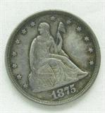 Coin 1875-P Seated Liberty 20 cent Coin Choice
1875-P Seated Liberty 20 cent Coin. 5.g of 90% Silver. 39,700 minted. Extremely Rare Date. Graded by the consignor as Choice with edge dings. No Sales Tax on Coins, Currency, or Bullion. #87-57.