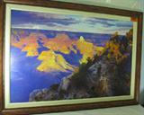 Art Original Painting Grand Canyon Curt Walters
A beautiful professionally framed original oil painting signed "Curt Walters" in the bottom right hand corner. Painting depicts the Grand Canyon, with a view from an adjacent mountain overlooking the canyon at sunset. Strikingly beautiful sunset colors, purple, pink, orange, yellow, red, & more. Dark ominous purple clouds appear to be encroaching the bright blue sky. Trees on the bluff from the view point are showing autumn colors, yellow orange & red leaves. This painting has slight blemishes around the edges where the frame meets the painting. Measures 60" across x 40" tall. No certificates of authenticity are present with the signature of this painting.
About the artist (from the internet):
"Artist Curt Walters of Sedona, Arizona, is best known as a plein-aire impressionist. Recognized worldwide for his impeccable interpretation of the Grand Canyon, Art of the West magazine was first to herald him as the "Greatest Living Grand Canyon