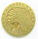 Coin 1910 Indian Head $2.50 Gold Coin
1910 Indian Head $2.50 Gold Coin. 4.18g of 90% Gold. 492,682 minted. Rare Date. Scratch on Reverse. No Sales Tax on Coins, Currency, or Bullion. #183-45.