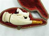 Vintage Carved Horse Meerschaum Cigar Holder
A vintage Meerschaum cigar / cigarette holder with a butterscotch color tip. Appears to be in the original velvet lined leather case. The cigar holder has a beautiful carved horse on the stem.
From the internet: "Meerschaum is a wonderful stone found only in the Eskisehir region of Turkey. Turkey has been exporting meerschaum for more than 300 years. Meerschaum , also called “white gold”, is finely honey-combed in appearance, very light in weight and somewhat soft to the touch. It is usually white or, in tones of ivory. All meerschaum pipes are hand carved."
Measures approximately 2.75" long. Used condition.