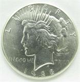 Coin 1928-P Peace Silver Dollar Gem BU
1928-P Peace Silver Dollar. 26.73g of 90% Silver. 360,649 minted. Rare Key Date. Graded by the consignor as Gem Brilliant Uncirculated. No Sales Tax on Coins, Currency, or Bullion. #297-73.