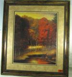 Art Framed Original Painting Autumn Trees & Pond
A gorgeous original oil painting by an unknown artist. Scene depicts a forest in autumn / fall, with brilliant autumn yellows, reds, oranges and browns. Features younger looking trees with a small pond at the base of the trees, golden sky, very warm rich coloration. Beautiful piece of art! Professionally matted & framed. The mat has a small blemish on the left side, does not affect the painting itself. No visible artist signature. Measures 46" across x 52.5" tall.
*Note: the paper on the back of this piece may need to be replaced.
To see a similar item or complete this set, refer to lot # 287.