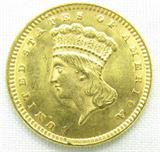 Coin 1874 Indian Head $1.00 Gold Coin CH BU
1874 Indian Head $1.00 Gold Coin. 1.67g of 90% Gold. 198,820 minted. Rare Key Date. Graded by the consignor as Choice Brilliant Uncirculated, edge ding. No Sales Tax on Coins, Currency, or Bullion. #399-76.