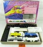 Vintage Rock Island Toy Train Set
Attention all train collectors! Add this vintage Rock Island toy train to your collection today. Set includes over 22 feet of track ( 12 curved and 8 straight), 1 diesel locomotive, 1 box car, 1 tanker car, 1 hopper car, 1 caboose and 2 sets of switches. This set appears to be in excellent condition including the original box with some wear and the care instructions included. Set is made of plastic with no visible damage. This train is battery -operated, but the working order is unknown.
Tag words: Railroad, Train, Toy ZB5217