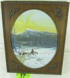 Art Original Oil "The Mountain Man" Walt McCurdy
A beautiful original oil painting featuring a man on horseback crossing a snow covered field with majestic mountains in the background. The painting is titled "The Mountain Man". The lower right of the painting is signed, "W. McCurdy '82 - A.M.M.". The frame is similar to a picture frame with an oval opening and decorative scrolled edges. Internet searches for the artist were not successful. Live Auctioneers sold an Indian Head Bronze statue signed by artist Walt McCurdy but it is unclear if it is the same person who painted this picture. Measures 16.5" x 13.5".