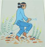 Art Beatien Yazz Navajo Print
A wonderful screen print which captures the spirit of a young Navajo boy as portrayed by artist Beatien Yazz. The unframed print measures 8" x 7". The bottom center of the print has a copyright symbol and the word "Balcomb's". The print has a very light stain in the center right side.
From the internet: "Beatien Yazz, Little No Shirt (Jimmy Toddy) was born in 1928 on the Navajo Reservation. Yazz showed promise as an artist very early. At an early age, Yazz met the Lippencotts, traders at the Wide Ruins Trading Post and they made available to him scraps of paper and other equipment so that he might practice in color. Yazz was also the subject of Alberta Hannum's books "Spin a Silver Dollar" and "Paint the Wind" and his works were used as illustrations."