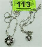 Jewelry Brighton Heart Necklace & Bracelet Set
Gorgeous silver toned Brighton necklace and bracelet set:
- Necklace has lovely beaded design, featuring a large heart shaped pendant accented with Cubic Zirconia stones, adjustable length measures: 18" - 20" long
- Triple chain bracelet with beaded design featuring a heart shaped charm accented with CZ stones, adjustable length measures: 7" - 8" long.
Both pieces have the heart shaped clasps and heart shaped "B" charm.