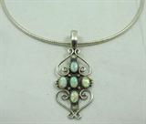 Jewelry Sterling Silver Necklace & Opal Pendant
Beautiful sterling silver snake style chain necklace with large pendant decorated with opal stones in saw tooth setting. Marked / signed "sterling SL". Necklace measures: 16"-18" long, pendant measures: 2.25" long. Total weight: .74 ozt