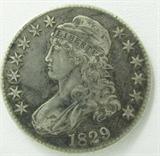 Coin 1829 Bust Half-Dollar XF
1829 Capped Bust Half-Dollar. 13.48g of 89.20% Silver. 3,546,000 minted. Rare Date. Graded by the Consignor as Extremely Fine, edge dings. No Sales Tax on Coins, Currency, or Bullion. #171-55.