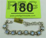 Jewelry Sterling Silver Moonstone Link Bracelet
Lovely sterling silver link bracelet featuring eight round cabochon iridescent moonstones. Marked "925", adjustable length measures: 6.25" - 8" long. Total weight: .90 ozt.