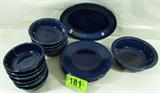 Vintage Fiesta Dinnerware Cobalt Blue
A beautiful set of vintage Fiesta cobalt blue dinnerware. Some of these dishes do not have the Fiesta mark and some have the mark "fiesta" in all lower case letters. Lot includes:
- 6 soup bowls, 5.5" diameter.
- 5 salad bowls, 7" diameter.
- 4 dinner plates, 9" diameter.
- 1 serving bowl, 8.5" diameter.
- 1 oval serving platter, 11.5" x 8.75".
All items are free of chips and cracks.