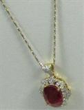 Jewelry 14kt Yellow Gold Ruby Diamond Necklace
Stunning 14kt yellow gold ruby and diamond necklace. Included GLA Premium Appraisal reads:
"One lady's polished, stamped and electronically tested solid 14kt white and yellow gold pendant mounted with: 1 Genuine Ruby (Corundum) and 68 Genuine Round Full Diamonds. This item weighs 10.59 grams and measures 32.35mm in length and 19.73mm in width, tapering to 2.52mm and includes a chain which measures 18.00 inches in length and 1.17mm in width. The chain has been finished with a lobster claw closure. The condition is BRAND NEW. The gemstones have been analyzed in the mounting.
Main Gemstone
Identity: Genuine Ruby (Corundum)
Shape: Oval (Faceted)
Measurements: 15.84 x 11.04 x 7.70 mm (est.)
Quantity: 1
Carat Weight: 12.08 cts (est.)
Clarity Type: ll=may include eye-visible features
Hue: Raspberry Red
Transparency: Transparent
Tone: Medium
Quality: 8 Very good to excellent
Adjacent Gemstone:
Identity: Genuine Diamond
Cut: Round Full (Faceted)
Me