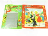 Lot of 2 Blondie Puzzle & Presto Slate Dagwood
This lot contains two vintage Blondie / Dagwood items:
- A "Blondie's Educational Presto Slate" copyright 1944. The magic slate wipes clean when the front sheet is lifted. Manufactured by Presto Products Co.
- A Jaymar Blondie Picture Puzzle, "Dagwood's in Trouble", which appears to be in the original box. According to the box the finished puzzle would measure 19" x 19". This box features special shaped puzzle pieces such as a bird, butterfly, airplane and boat. The box states that there are approximately 100 pieces, it is uncertain whether all the pieces are in the box or not.