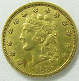 Coin 1836 $2.50 Classic Head Gold Coin
1836 $2.50 Classic Head Gold Coin. 4.18g of 89.90% Gold. 547,986 minted. Nice Coin. No Sales Tax on Coins, Currency, or Bullion. #303-80.
