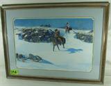 Art Framed Numbered Print Gary Carter
A fantastic print featuring Native American Indians and a rugged mountain man, all on horseback and crossing a snow covered landscape. The print is numbered in the lower right "392 / 1000". Professionally matted and framed. Measures 26.5" x 35.5".
From the internet: "Graduating with honors from the Art Center College of Design in Los Angeles in 1971, Gary began his career as an artist when he was hired as an in-house illustrator for a California design studio. In 1973, after a sellout one-man show in Tucson AZ, he decided to pave his way into the future as a Western Artist.

Gary expresses his passion for the West not only in his oil paintings, but also in the life he leads with his wife, Marlys, in the mountains of Montana near Yellowstone National Park. He gained an intensive insight into the world of the cowboy when he lived an worked in a bunkhouse studio at the Sun Ranch in the Madison Valley a few miles from where he lives."