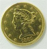 Coin 1881 $5.00 Coronet Head Gold Coin
1881 $5.00 Coronet Head Gold Coin. 8.359g of 90% Gold. 5,708,802 minted. Very Nice Coin. No Sales Tax on Coins, Currency, or Bullion. #399-67.