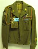 WWII US Army Service Jacket with Patches & Ribbons. Includes 82nd Airborne Unit Patch, First Allied Airborne Army Combat Patch, Combat Infantryman's Badge, Purple Heart Ribbon, Other Service Ribbons, USA & Infantry Brass, Unit Braids, and Hat. Size 38L.
