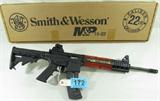 Smith Wesson M&P15-22 in 22 LR Semi Rifle-New
Smith Wesson Model M&P15-22 in 22 LR Semi Auto Rifle. These deluxe AR variants chambered in cheap .22lr rimfire ammunition are industry hot. Target shooting and tactical training at it's best and on a budget. Equiped with synthetic telescoping rear stock, pistol grip with texturing, full length picatinny rail, adjustable sights, quad rail forend/hand guard. Deluxe parkerized style flat black matte finish. New in box.