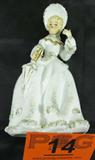 Lefton Victorian Lady w/ Umbrella Figurine
A beautiful Lefton China porcelain figurine featuring a woman in a gold trimmed white Victorian style dress and bonnet. She carries an umbrella in ther right hand. No chips, cracks or breaks. Measures 7.25" tall. The bottom has the Lefton hallmark and number KW1574.