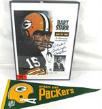 Bart Starr Autographed Poster & Packers Pennant
Lot includes:
- An advertising poster featuring former quarterback of the Green Bay Packers, Bart Starr. The advertising is for athletic shoe store "just for feet". The poster has been signed, "To Michael, Best Wishes - Bart Starr". The hand written signature is NOT authenticated. Consignor states that the poster was signed in 1990s when Bart Starr was in Phoenix for a book signing. The poster is professionally matted and framed. Measures 24" x 18".
From the internet: "Bryan Bartlett "Bart" Starr (born January 9, 1934) is a former professional American football player and coach. Wearing #15, he was the quarterback for the Green Bay Packers from 1956 to 1971, during which time he led the Packers to multiple NFL championships. He was less successful as the Packer's head coach, compiling a record of 52–76–3 from 1975-1983. He was named the Most Valuable Player of the first two Super Bowls and earned four Pro Bowl selections. He was inducted
