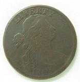 Coin 1805 Large Cent Fine to Very Fine
1805 Large Cent. 941,116 minted. Rare Date. Graded by the consignor as Fine to Very Fine. No Sales Tax on Coins, Currency, or Bullion. #54-20.