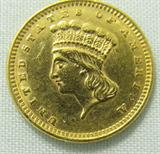 Coin 1861 Indian Head $1.00 Gold Coin
1861 Type III Indian Head $1.00 Gold Coin. 1.672g of 90% Gold. 527,499 minted. No Sales Tax on Coins, Currency, or Bullion. #48-15.
