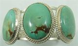Jewelry Sterling Silver Turquoise Cuff Bracelet
Fabulous sterling silver Southwestern style cuff bracelet featuring three large oval shaped turquoise stones in sawtooth setting. Marked / signed "Mr Owl sterl", measures: 5.75" wide with 1.25" opening. Total weight: 2.18 ozt.