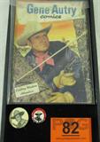 1951 Gene Autry Comic Book & Tin Badges
Lot includes:
- A 10 cent issue of Gene Autry Comics, Vol. 1, No. 57, November 1951. Published by Dell Publishing Co., Inc.
Has some foxing on the cover and pages are yellowed. Bottom right corner pages are worn.
- A black and white "Gene Autry" tin badge. Back of badge is rusty. Measures 1.75" in diameter.
- An "Official Gene Autry Club Badge". This tin badge measures 1.25" in diameter.