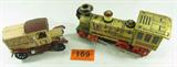 Vintage Tin Litho Train Engine & Cast Iron Truck
Lot includes:
A vintage tin litho battery operated toy train engine. This "Casey Jones" engine was manufactured by Modern Toys in Japan. Measures 5.25" tall x 13" long. Shows signs of wear from age and use. Working condition has not been determined.
- A cast iron toy / model farm produce truck, "I.M. MacDonald Produce". Truck was manufactured in China. Shows signs of wear from age and use. Measures 4.75" tall x 8.25" long.