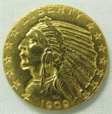 Coin 1909-D Indian Head $5.00 Gold Coin
1909-D Indian Head $5.00 Gold Coin. 8.359g of 90% Gold. 3,423,560 minted. No Sales Tax on Coins, Currency, or Bullion.