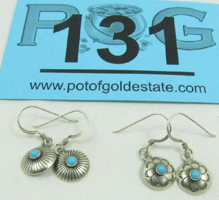 Jewelry Sterling Silver Turquoise Dangle Earrings
Lovely Southwestern style sterling silver fashion dangle style earrings accented with small turquoise colored stones. Both pairs marked "925", total weight: .08 ozt.