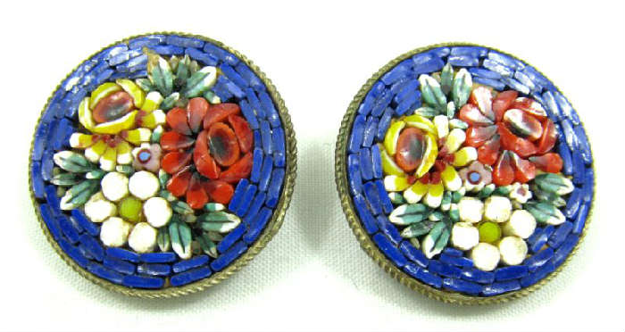 Jewelry Vintage Micro Mosaic Clip on Earrings
Lovely vintage micro mosaic style clip on earrings with intricate flower design. Unknown age and maker, measures: 1" diameter.