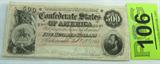 Lot#: 106
Description: Coin Genuine $500.00 Confederate Bill
Genuine $500.00 Confederate States of America Bill. Bill has had minor folds. Corners are intact, No apparent discoloration. Will display nicely and should grade close to Very Fine+. No Sales Tax on Coins, Currency, or Bullion. #106-ZC1955.