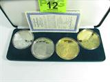 Lot#: 12
Description: Coin 4 large 1/4 Pound Silver Coins
Produced by the Washington Mint, This Display Case contains Four Large 4 Ounce Silver Coins. Each Coin is Proof Struck and is 99.9% fine Silver. Two of the Coins have been Layered with Genuine 24 karat Gold. No Sales Tax on Coins, Currency, or Bullion. #12-ZC1955.