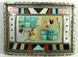 Lot#: 210
Description: Jewelry Zuni Sterling Signed D&V Dewa Belt Buckle
Fabulous sterling silver belt buckle with lovely Southwestern style design. Featuring stone to stone inlay of onyx / jet, turquoise, mother of pearl and polished red coral. Accented with darling flower and hummingbird designs. Measures: 3" wide, marked / signed "Zuni D&V Dewa". Total weight: 1.97 ozt.
ZB5435 CTJ