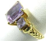 Lot#: 390
Description: Jewelry 10Kt Yellow Gold Amethyst Ring
Beautiful 10Kt yellow gold ring featuring a faceted purple amethyst gemstone accented by 2 square cut, prong set, amethyst stones with lovely design on the band. Total weight: 2.4 dwt. Marked "10k", ring size: 10.25.
ZB5435 KB