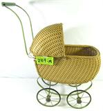 261a
Description: Vintage Wicker Toy Baby Doll Pram, Carriage
This vintage baby stroller is made as a carriage for dolls. Possibly produced by the South Bend Toy Company around 1925, it features a taupe woven wicker English style pram with painted metal green handle, and spoke wheels. The wicker is in very good condition with no holes; there is some normal wear to the green paint and it has the original rubber tire treads. The sun shade / cover pivots just like a full sized stroller ; it does not have any padding inside. Would make an excellent display item for antique dolls or baby’s room décor!
ZB6150 EAK