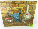 Lot#: 199
Description: Art, Original Painting Jimmy Yellowhair, Navajo
Fabulous over-sized stretched canvas original signed painting by renowned Navajo artist Jimmy Yellowtail. It is signed in the bottom right corner and dated '76. The scene depicts a large turquoise colored bull / steer head in front of a colorful stone wall. Surrounded by symbolic Native American Indian polychrome pottery, ears of corn, turquoise and beaded jewelry which are signatures of Yellowhair's work. This vibrant acrylic or oil in a still-life genre is in excellent condition, free of damage or flaws. Measures 30” wide x 24” tall. A little about the artist from the internet: Jimmy Yellowhair is a Navajo artist from Houck , Arizona where he lives in a Hogan on the reservation. His paintings date from the 1960s to present. Exhibitions of Jimmy Yellowhair's work includes the Gambaro Museum in Washington, D.C., the Mid-America Arts Center in Wichita, Kansas, London England, and many other places."
To add to your co