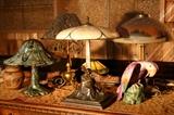 Lamps; Reverse Painted, Stained Glass, Phoenix, Bronze, Fulper Perfume Lamp