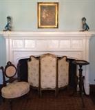 Renaissance Revival Slipper Chair (From The White House); Pair Early 20th Century Table Lights (Birds); Stately Ebonized Victorian Stand; 3-Panel Gilt & Brocade Screen; Gilt Framed Oil on Canvas