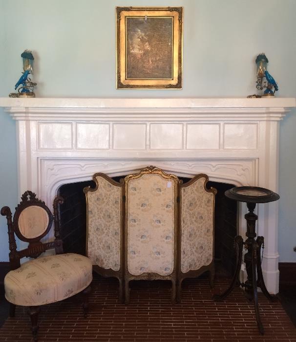 Renaissance Revival Slipper Chair (From The White House); Pair Early 20th Century Table Lights (Birds); Stately Ebonized Victorian Stand; 3-Panel Gilt & Brocade Screen; Gilt Framed Oil on Canvas