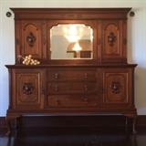 Large Vintage Sideboard with Shaped Beveled Mirror Heraldic Medallion Accents and Hardware  