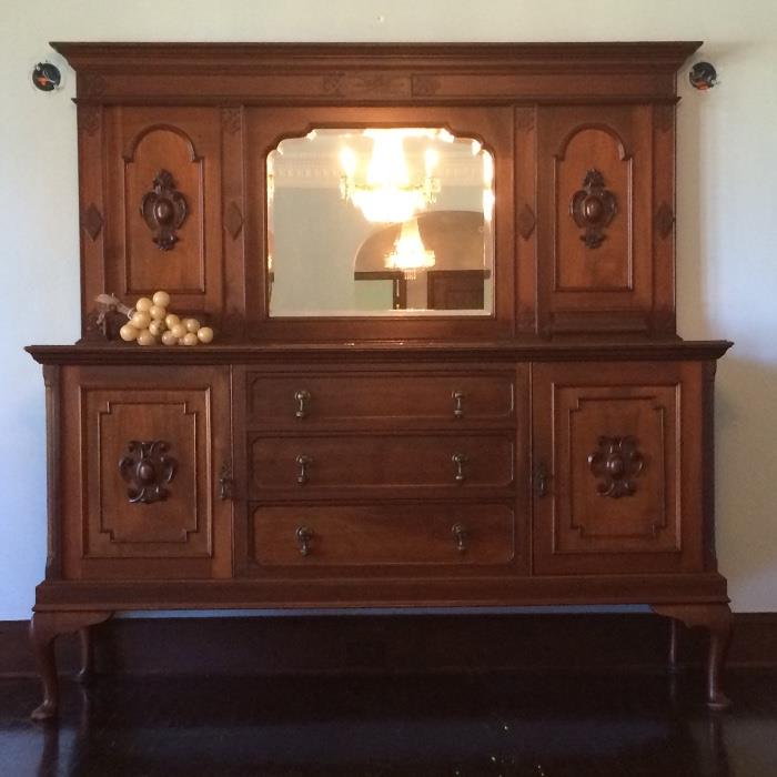 Large Vintage Sideboard with Shaped Beveled Mirror Heraldic Medallion Accents and Hardware  