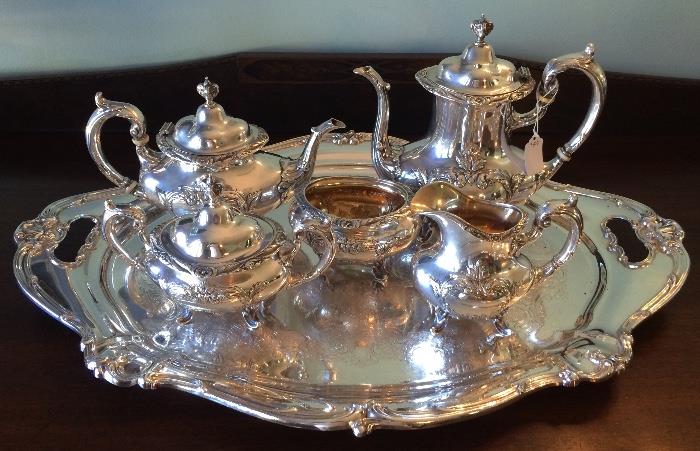 Reed & Barton "Burgundy" 5-piece Sterling Silver Tea and Coffee Service; Gorham Silver Plate Handled Tray